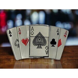 4 Aces Silver Finish Lighter Belt Buckle - Free Laser Engraving On Lighter